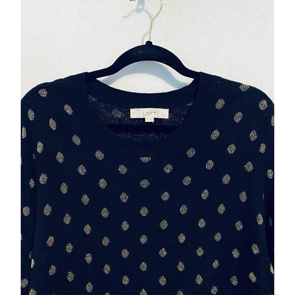 LOFT Sweater Womens XL Navy Blue Gold Polka Dot Crew Neck Wool Blend Pullover - Picture 2 of 6